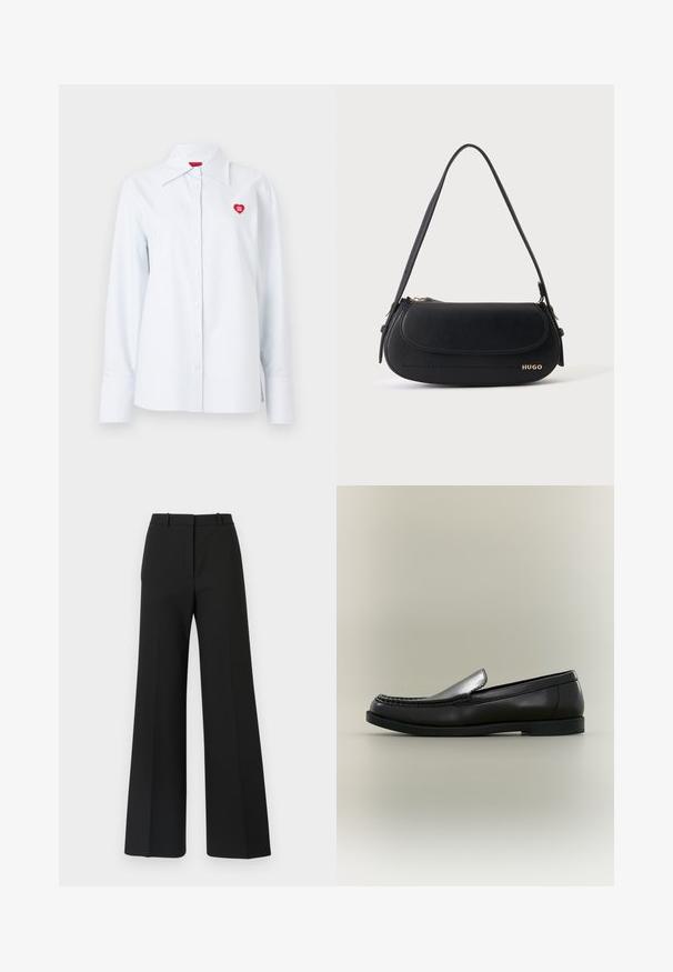 Chemise à rayures boutonnée en coton bleu clair, avec un col classique et un petit logo en forme de cœur rouge sur la poitrine. Manches longues avec poignets.; Pantalons black à jambes larges avec un design sur mesure, présentant une texture lisse et de subtils plis à l'avant. Pas de garnitures ou de motifs visibles.; Mocassin en cuir noir avec couture moc toe, petit talon et design à enfiler sur fond neutre.; Sac à épaule en cuir noir avec rabat incurvé, logo doré "HUGO" sur le devant, et une bandoulière réglable.