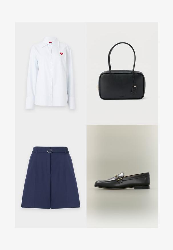 Chemise à rayures boutonnée en coton bleu clair, avec un col classique et un petit logo en forme de cœur rouge sur la poitrine. Manches longues avec poignets.; Shorts ajustés bleu marine avec une ceinture, dotés d'une passante de ceinture, de détails plissés et d'une texture de tissu lisse. Coupe droite standard.; Mocassin en cuir noir avec dessus argenté, détail de chaîne dorée, petit talon et bout arrondi sur fond neutre.; Sac à main rectangulaire noir avec doubles poignées arrondies, fermeture éclair dorée et logo "HUGO" embossé sur le devant avec une étiquette en cuir attachée.