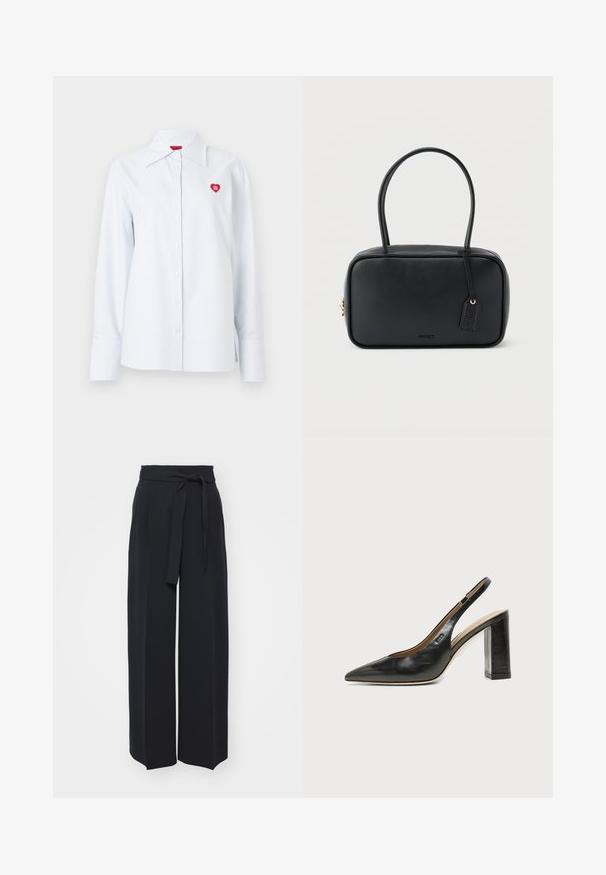Chemise à rayures boutonnée en coton bleu clair, avec un col classique et un petit logo en forme de cœur rouge sur la poitrine. Manches longues avec poignets.; Pantalons noirs à jambes larges en tissu doux. Dotés d'une taille ceinturée et de plis avant. Texture lisse avec un design épuré et contemporain.; Chaussure slingback en cuir noir à bout pointu avec un talon bloc haut et une doublure intérieure beige sur un fond clair uni.; Sac à main rectangulaire noir avec doubles poignées arrondies, fermeture éclair dorée et logo "HUGO" embossé sur le devant avec une étiquette en cuir attachée.