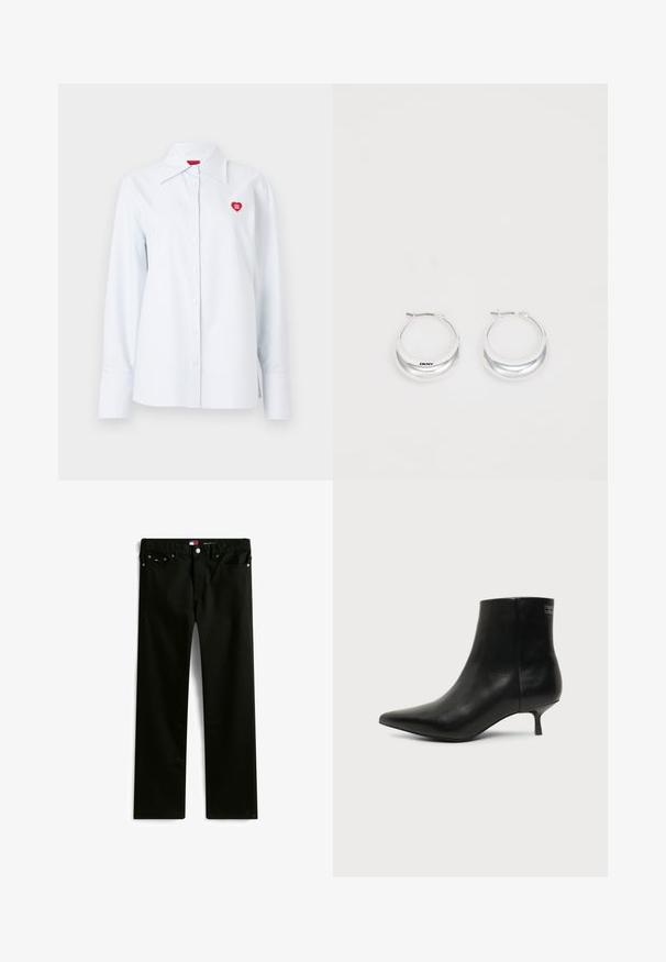 Chemise à rayures boutonnée en coton bleu clair, avec un col classique et un petit logo en forme de cœur rouge sur la poitrine. Manches longues avec poignets.; Jeans noirs à jambes droites avec cinq poches, fermeture par bouton et zip, et petit logo de la marque sur la poche monnaie.; Bottine en cuir noir avec bout pointu et petit talon kitten sur fond clair, vue côté extérieur.; Boucles d'oreilles en argent avec une finition polie et un branding DKNY, présentées sur un fond blanc uni.