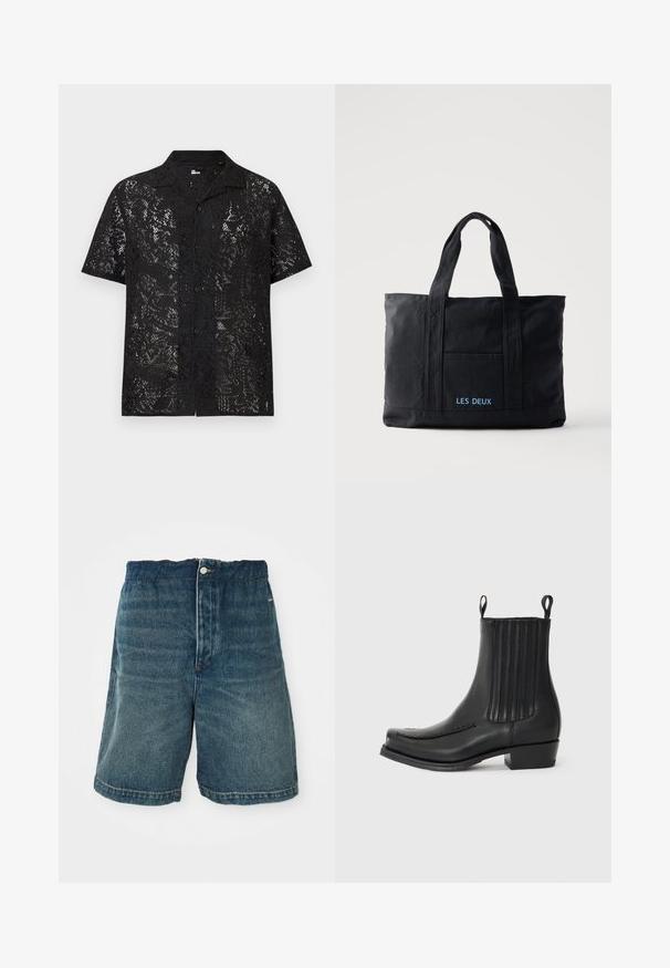 Black short-sleeve button-up shirt with a floral lace pattern and a spread collar, shown against a plain light background.; Denim shorts in dark blue with a loose fit, featuring a button fastening, and visible stitching along the hem and pockets.; Black leather ankle boot with a smooth finish, elastic side panel detailing, subtle stitching on the toe, and a block heel.; Black canvas tote bag with two handles, front pocket, and "LES DEUX" embroidered in blue on front pocket.