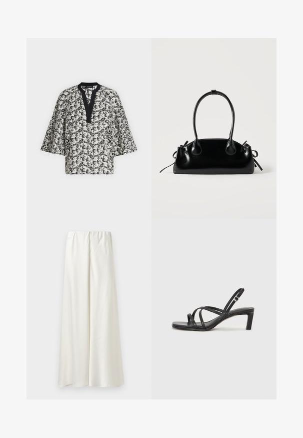 Blouse à motif floral noir et blanc avec des manches larges et une bordure d'encolure en V noire.; Jupe blanche à jambes larges, fabriquée en tissu lisse avec une taille élastique ; présente des coutures minimales et aucun motif ou détail supplémentaire.; Sandale noire à lanières avec un bout carré et un petit talon bloc. Elle présente plusieurs fines lanières et une sangle de cheville ajustable. Fabriquée en cuir lisse.; Petit sac à main noir brillant avec deux longues anses et des détails à cordon sur les côtés sur un fond clair uni.