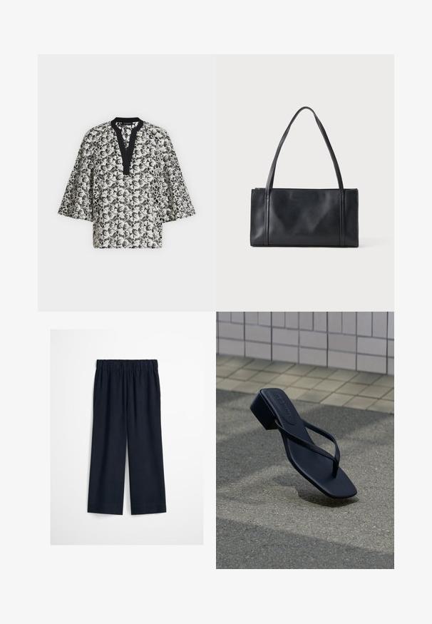 Blouse à motif floral noir et blanc avec des manches larges et une bordure d'encolure en V noire.; Pantalon noir à jambes larges avec taille élastique, sans poches visibles ni ornements, présenté sur un fond uni.; Sandale noire en cuir avec lanière en forme de tige et petit talon bloc sur sol asphalté près d’un mur carrelé.; Sac à main rectangulaire en cuir noir avec deux fines bandoulières sur un fond clair uni.