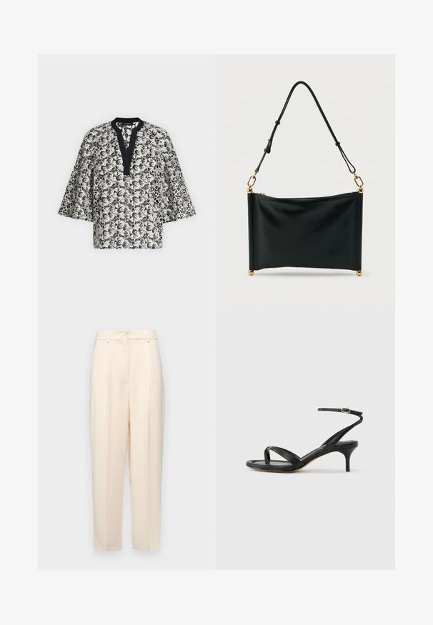 Blouse à motif floral noir et blanc avec des manches larges et une bordure d'encolure en V noire.; Pantalons beiges ajustés à coupe droite, avec des plis à l'avant, une texture lisse et une taille mi-haute. Pas de poches visibles.; Sandale pour femme en cuir noir avec fines lanières, une boucle d'orteil, une boucle à la cheville et un talon aiguille de hauteur moyenne sur un fond neutre.; Sac à main rectangulaire en cuir noir avec bandoulière ajustable, ferrures dorées et fermeture éclair, posé verticalement sur un fond blanc.