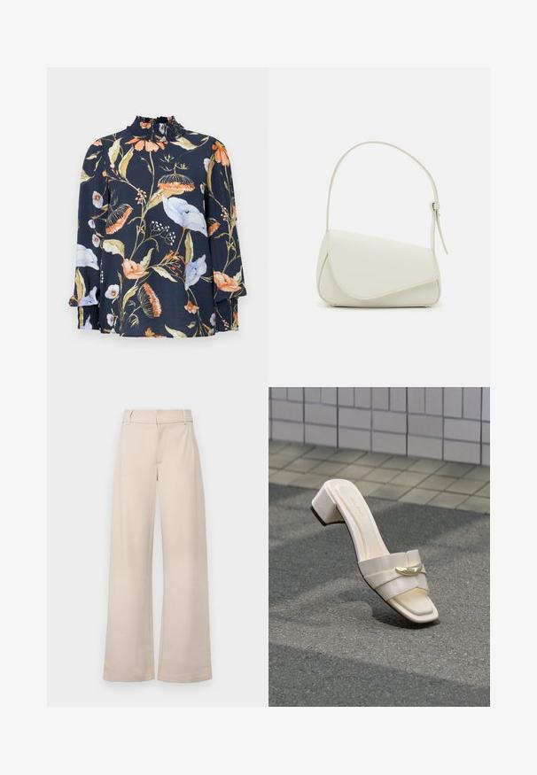 Blusa de manga larga azul marino con estampado floral en naranja, blanco y verde. Presenta un cuello fruncido y puños elásticos. Textura de tela suave.; JDY JDYGEGGO LIFE OCCASION PANT JRS NOOS - Pantalones - chateau gray; Sandalia beige de tacón con detalle decorativo dorado sobre una superficie de asfalto texturizado cerca de una pared con azulejos.; Bolso de mano de imitación cuero blanco con una forma triangular estructurada, correa ajustable única y cierre con solapa acentuada en curva.