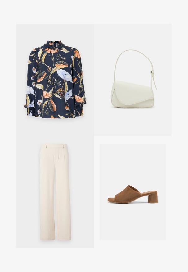 Langærmet mørkeblå bluse med blomsterprint i orange, hvid og grøn. Har en sammensnøret hals og elastiske manchetter. Blød stofstruktur.; Lyse beige brede bukser med frontfolder, en glat tekstur og sidelommer. Lavet af et blødt stof med en skræddersyet design.; Brun ruskinds sandal med åbne tæer, bred rem og lav blokhælk på en ensfarvet lys baggrund.; Hvid taske i faux læder med en struktureret trekantet form, enkelt justerbart skulderstrop og en flaplås med kurver.