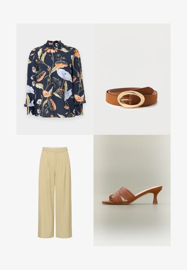 Donkerblauwe blouse met lange mouwen en bloemenprints in oranje, wit en groen. Heeft een geraffineerde hals en elastische manchetten. Zachte stoftextuur.; Beige wijde broek met hoge taille, voorplooien, knoopbandjes aan de taille en een voorzijde met knoop- en ritssluiting.; Bruine open-toe mule met twee brede gekruiste bandjes en een slanke schoenhak van gemiddelde hoogte op een neutrale achtergrond.; Een bruin leren riem opgerold met een grote ovale glanzende gouden gesp tegen een witte achtergrond.