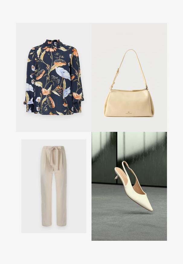 Donkerblauwe blouse met lange mouwen en bloemenprints in oranje, wit en groen. Heeft een geraffineerde hals en elastische manchetten. Zachte stoftextuur.; Beige broek met hoge taille en een stoffen riem gestrikt in een strik, rechte pijp en minimale details op een effen achtergrond.; Beige slingback damesschoen met spits toelopende neus en lage kittenhak, zwevend boven een grijze vloer tegen een wazige donkere achtergrond.; Beige rechthoekige schoudertas met verstelbare riem en ritssluiting, met een klein "Anna Field" logo middenvoor.