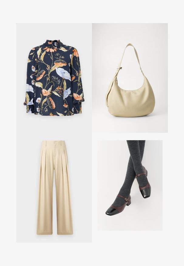 Langærmet mørkeblå bluse med blomsterprint i orange, hvid og grøn. Har en sammensnøret hals og elastiske manchetter. Blød stofstruktur.; Beige bredde-bukser lavet af et glat stof. Har skarpe plisseringer, høj talje og subtile syninger for et skræddersyet look.; Burgunderrøde læder Mary Jane-sko med en sort laktoej og tynd ankelrem; båret med mørkegrå ribbede strømper. Lav blokhæl.; Beige læder skuldertaske med en buet form, justerbar rem og præget logo detalje, der har en glat tekstur og minimalistisk design.