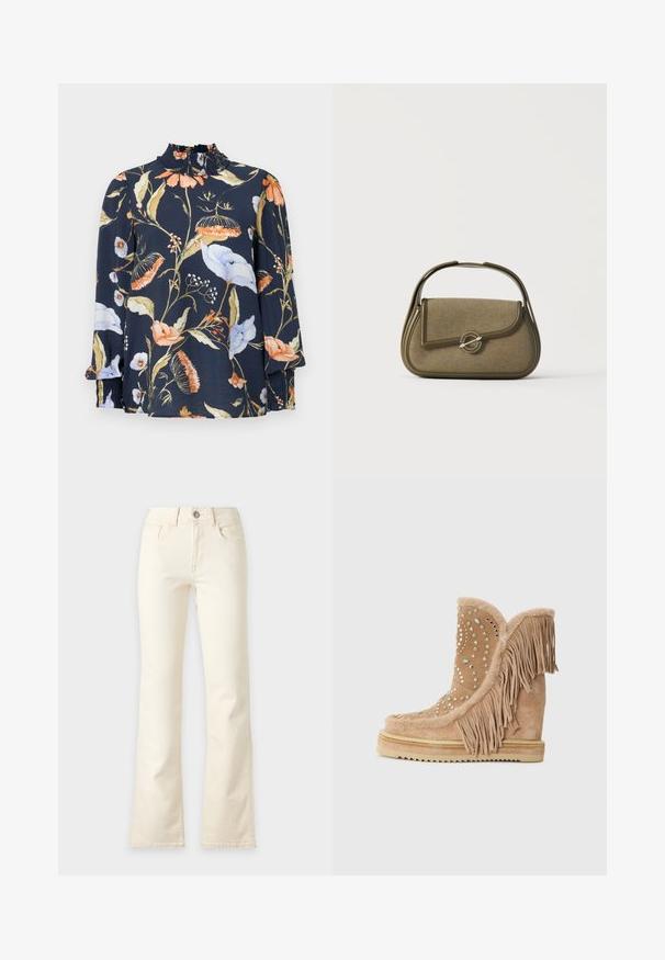 Donkerblauwe blouse met lange mouwen en bloemenprints in oranje, wit en groen. Heeft een geraffineerde hals en elastische manchetten. Zachte stoftextuur.; Rechte jeans in roomkleur met voorste knoop, rits, riemlussen en voorzakken op een effen lichte achtergrond.; Franje beige suède enkellaarsjes met rhinestenen versieringen in een spiraalpatroon, voorzien van een sleehak en een getextureerde zool.; Kleine olijfgroene handtas met afgeronde hoeken, een bovenhandvat en een klep met een sluiting die vastzit met een ronde metalen sluiting.