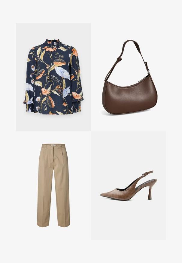 Donkerblauwe blouse met lange mouwen en bloemenprints in oranje, wit en groen. Heeft een geraffineerde hals en elastische manchetten. Zachte stoftextuur.; Beige broek met rechte pijpen, riemlussen, rits en haaksluiting aan de voorkant, en subtiele plooitjes aan de voorkant voor een getailleerde look.; Bruine leren slingback met hoge hak, spitse neus, verstelbare gesp en slanke taps toelopende hak.; Kleine bruine leren schoudertas met verstelbare band en ritssluiting, getoond tegen een witte achtergrond. Geen zichtbaar merk of versieringen.