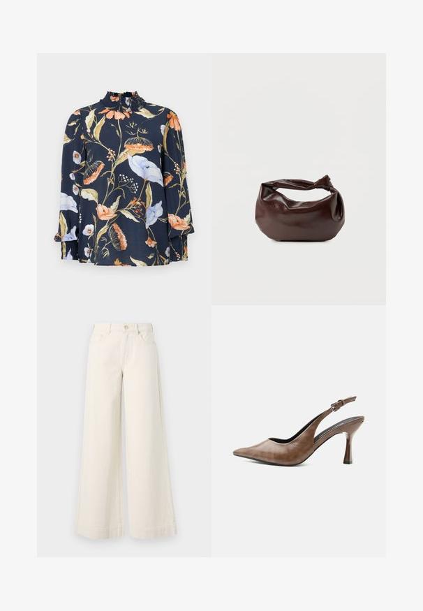 Blusa de manga larga azul marino con estampado floral en naranja, blanco y verde. Presenta un cuello fruncido y puños elásticos. Textura de tela suave.; Pantalones de mezclilla de pierna ancha en un tono beige claro, con cintura alta, dos bolsillos frontales, cierre de botón y un sutil detalle de costura.; Zapato destalonado de piel marrón con tacón alto, punta estrecha, tira ajustable con hebilla y tacón delgado y cónico.; Bolso de hombro de cuero marrón oscuro con una forma suave y caída, y un asa con nudo torcido sobre un fondo blanco liso.