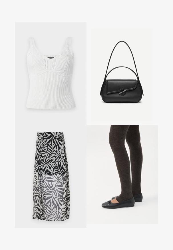 Hvid ribbet strikket tanktop med brede stropper, har et tekstureret mønster og en tætsiddende silhuet, designet til en tæt pasform.; Sort og hvid gennemsigtig maxiskørt med et bladmønster, der har snor i taljen og sideslids for ekstra bevægelse og stil.; Ben iført mørke ribbede leggings kombineret med sorte balletsko med små sløjfedetaljer på hvid baggrund.; Sort læderhåndtaske med afrundede kanter, asymmetrisk klap, metalcirkulært spænde samt både korte og lange skulderstropper.