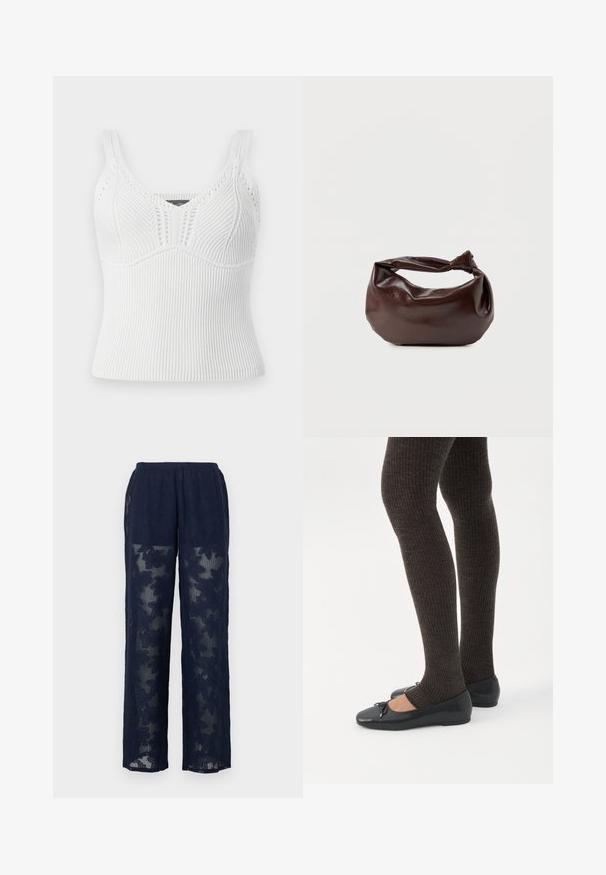 Hvid ribbet strikket tanktop med brede stropper, har et tekstureret mønster og en tætsiddende silhuet, designet til en tæt pasform.; Marineblå blondebukser med blomsterprint, der har en vid ben-design og elastisk talje. Halvgennemsigtigt stof med tekstureret finish.; Ben iført mørke ribbede leggings kombineret med sorte balletsko med små sløjfedetaljer på hvid baggrund.; Mørkebrun læder skuldertaske med en blød, afslappet form og et snoet knudehåndtag på en ensartet hvid baggrund.