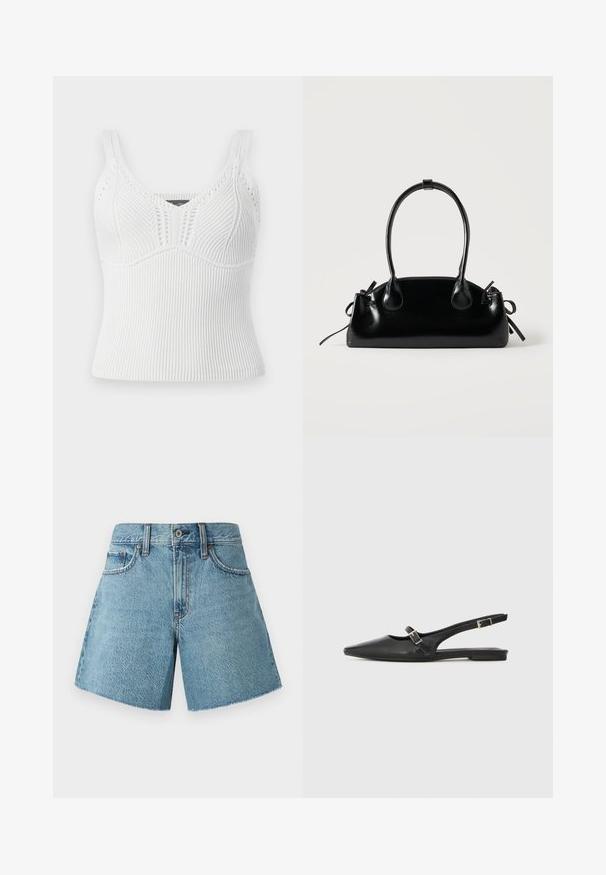 Hvid ribbet strikket tanktop med brede stropper, har et tekstureret mønster og en tætsiddende silhuet, designet til en tæt pasform.; Denim shorts i lys blå, med høj talje, fem lommer og rå kant. Fremstillet af tekstureret bomuldsstof med et klassisk design.; Sorte læder slingback-sko med spids tå, med en smal rem og en sølvspænde-detalje på siden. Flad sål.; Lille sort blank håndtaske med to lange håndtag og snøre-detaljer i siden på en ensfarvet lys baggrund.