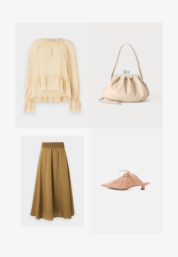 Blouse beige à manches longues avec des paillettes subtiles, décolleté en forme de trou de serrure, ourlet volanté et poignets froncés à volants sur un fond uni.; Jupe midi marron trapèze avec taille élastique froncée et tissu léger texturé sur fond uni.; Mule pour femme en cuir beige avec bout pointu, dessus froncé, lien de serrage et petit talon kitten, sur fond blanc.; Sac à main en cuir souple beige avec un fermoir en métal argenté, une bandoulière simple et une bandoulière chaîne optionnelle sur fond blanc.