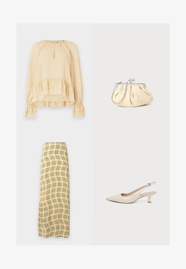 Blouse beige à manches longues avec des paillettes subtiles, décolleté en forme de trou de serrure, ourlet volanté et poignets froncés à volants sur un fond uni.; Rabanne Jupe longue - green/yellow/cream; Chaussure slingback couleur crème à bout pointu avec un petit talon bas incurvé et une bride réglable à boucle.; Pochette en cuir beige plissé avec un cadre en métal argenté, dotée de deux fermoirs ronds décoratifs et d'une chaîne en argent.