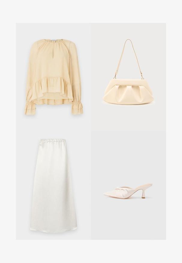Blouse beige à manches longues avec des paillettes subtiles, décolleté en forme de trou de serrure, ourlet volanté et poignets froncés à volants sur un fond uni.; Jupe blanche longueur cheville en tissu lisse et léger, avec une taille froncée et une finition texturée subtile.; Chaussure mule en tissu beige clair avec un design noué à l'avant, bout pointu et talon fin et effilé. Texture lisse dans l'ensemble.; Sac à main en cuir couleur crème avec des plis froncés, des ferrures dorées, et une seule bandoulière fine sur un fond uni.