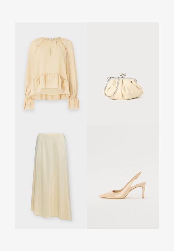 Blouse beige à manches longues avec des paillettes subtiles, décolleté en forme de trou de serrure, ourlet volanté et poignets froncés à volants sur un fond uni.; Longue jupe couleur crème avec une texture lisse et un léger drapé, présentée sur un fond clair uni.; Escarpin slingback en cuir verni nude avec un bout pointu, un décolleté ouvert et un talon aiguille fin. Comprend un accent doré circulaire sur la sangle.; Pochette en cuir beige plissé avec un cadre en métal argenté, dotée de deux fermoirs ronds décoratifs et d'une chaîne en argent.