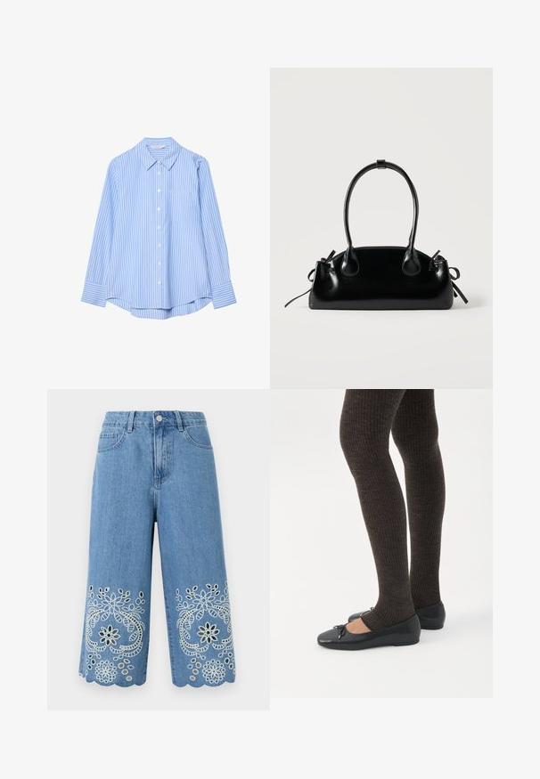 Chemise bleu clair à boutons avec rayures blanches verticales, manches longues, col et une poche poitrine unique. Tissu lisse avec une coupe décontractée.; Shorts en denim bleu clair avec broderie florale ajourée et ourlets festonnés, dotés de poches avant et d'une fermeture à bouton.; Jambes portant des leggings côtelés foncés associés à des ballerines noires avec de petits détails en nœud sur fond blanc.; Petit sac à main noir brillant avec deux longues anses et des détails à cordon sur les côtés sur un fond clair uni.