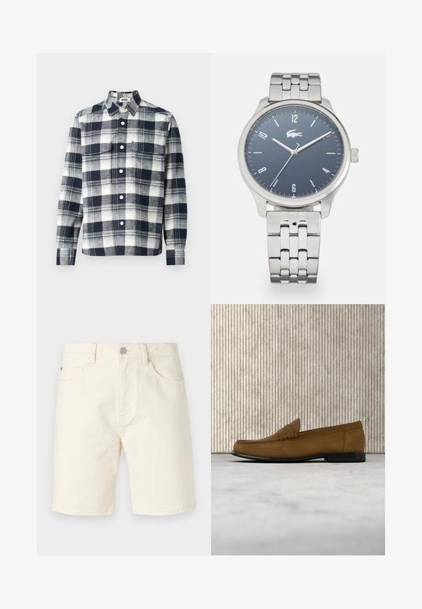Karierte Hemd aus Stoff in Marineblau und Weiß. Mit button-down Kragen, Brusttasche und langen Ärmeln.; Helle beige Jeansshorts mit klassischem Schnitt, ausgestattet mit vorderen Taschen, Gürtelschlaufen und einer Knopfverschluss. Glatte Textur in einfarbiger Ausführung.; Brauner Wildleder-Loafer mit schwarzer Sohle, schwebend über einem hellbeigen Teppich, neben einer runden, glänzenden braunen Tischbasis.; Silberner Edelstahlarmbanduhr mit einem runden, strukturierten Zifferblatt in Marineblau, silbernen Stundenmarkierungen und einem klassischen Metallgliederarmband.