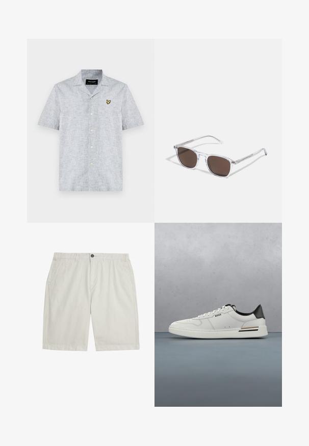 Kurzärmliges, geknöpftes Hemd aus leicht grauem Stoff mit strukturierter Oberfläche. Verfügt über ein gelb gesticktes Logo und eine Knopfleiste.; Hellbeige knielange Shorts mit Fronttaschen, Gürtelschlaufen, Knopfverschluss und sauberem, glattem Stoff.; Weißer Sneaker mit niedrigem Schnitt und schwarzer Ferse, Schnürverschluss, dezenten Perforationen und "BOSS"-Logo an der Seite, gezeigt von der äußeren Seitenansicht.; Klarer Kunststoff-Sonnenbrillen mit rechteckigen braunen Gläsern, ausgestattet mit dünnen, transparenten Bügeln und Metallakzenten an den Schläfen.