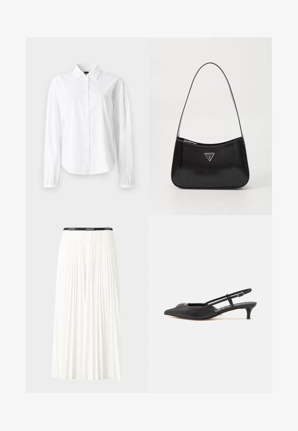 Witte blouse met lange mouwen, kraag, knoopsluiting aan de voorkant en ingezette manchetten. Gemaakt van zacht, lichtgewicht stof met een gladde textuur.; Plisséminirok in het wit met een zwarte elastische tailleband met het "LACOSTE"-logo. Middellange ontwerp met een zachte textuur.; Zwarte slingback schoenen met een puntige neus, gemaakt van glad materiaal, met een kleine hak en een decoratieve zilverkleurige accent op de wreef.; Zwarte lakleren schoudertas met een gebogen vorm, voorzien van een zilveren driehoeklogo en een ritssluiting. Gladde textuur en slanke schouderband.
