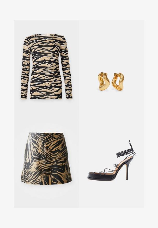 Top de manga larga con un patrón abstracto de olas en negro y beige sobre una tela suave y elástica. Diseño ajustado con escote redondo y mangas ajustadas.; Falda negra y dorada con un patrón de rayas de cebra, hecha de un material suave con un corte ajustado y un diseño de cintura alta.; Sandalia negra de tacón alto con finas tiras de cuero que envuelven el pie y el tobillo, con un tacón de aguja puntiagudo.; Pendientes de aro en tono dorado con un diseño ondulado, que presentan una superficie lisa y brillante y una forma aerodinámica. Sin cierres visibles.