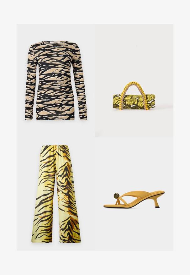 Top de manga larga con un patrón abstracto de olas en negro y beige sobre una tela suave y elástica. Diseño ajustado con escote redondo y mangas ajustadas.; Nanushka BRENDA - Pantalones - yellow; Sandalia amarilla con tacón bajo fino, correas cruzadas, lazo en el dedo y un detalle metálico redondo decorativo cerca de los dedos.; Bolsa rectangular con patrón floral en amarillo y negro y asa trenzada amarilla y rosa sobre fondo blanco.