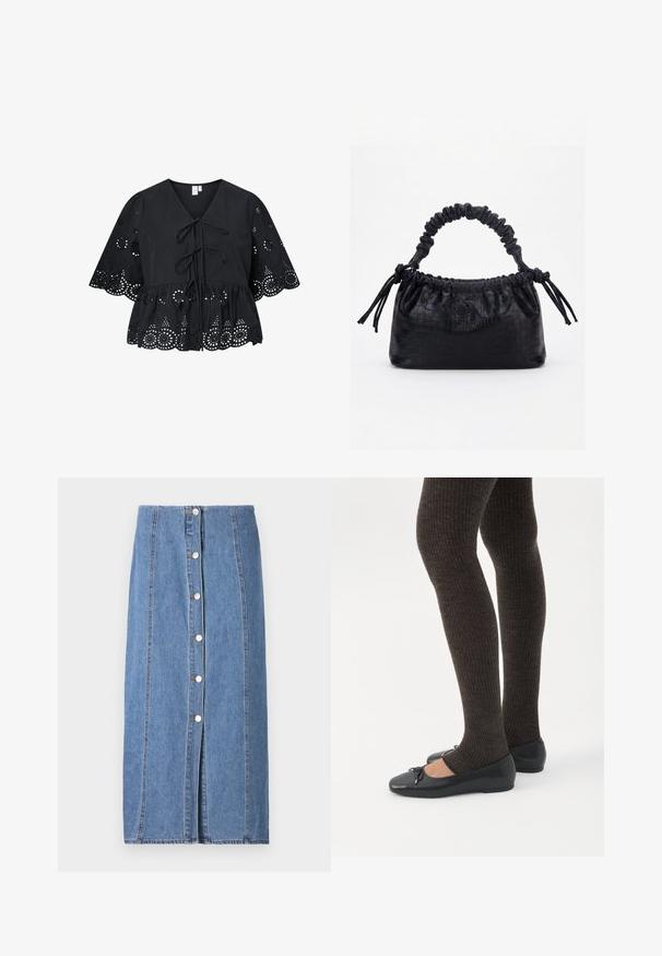 Sort bluse med korte, brede ærmer, der har V-hals, bindebånd foran og et indviklet hulmønster ved kanten og ærmerne.; Lysblå denimnederdel med lige silhuet. Har en frontlukning med knapper, lodret syning og rå kant forneden.; Ben iført mørke ribbede leggings kombineret med sorte balletsko med små sløjfedetaljer på hvid baggrund.; Sort taske med krokodilletekstur, rynket øverste kant, samlet hank og snore med kvaster på hver side mod en hvid baggrund.
