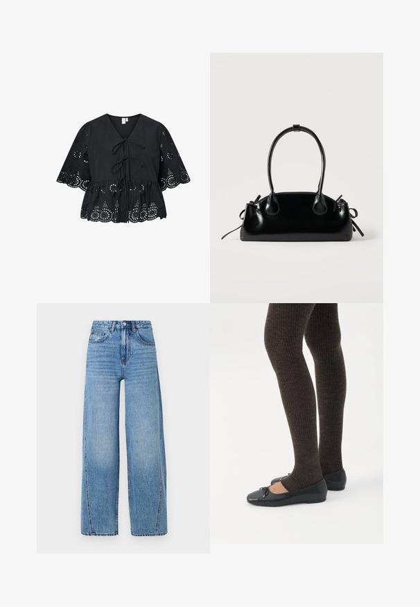 Sort bluse med korte, brede ærmer, der har V-hals, bindebånd foran og et indviklet hulmønster ved kanten og ærmerne.; Højtaljede, lyseblå, brede denim jeans med forlommer, bælteløkker, knaplukning og synlige sømdetaljer.; Ben iført mørke ribbede leggings kombineret med sorte balletsko med små sløjfedetaljer på hvid baggrund.; Lille sort blank håndtaske med to lange håndtag og snøre-detaljer i siden på en ensfarvet lys baggrund.