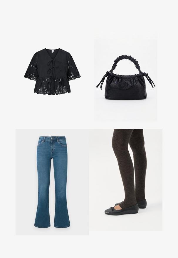 Sort bluse med korte, brede ærmer, der har V-hals, bindebånd foran og et indviklet hulmønster ved kanten og ærmerne.; Blå denim flared jeans med en mellemhøj talje, fem-lomme design og diskrete syninger. Glat tekstur med en klassisk vask.; Ben iført mørke ribbede leggings kombineret med sorte balletsko med små sløjfedetaljer på hvid baggrund.; Sort taske med krokodilletekstur, rynket øverste kant, samlet hank og snore med kvaster på hver side mod en hvid baggrund.