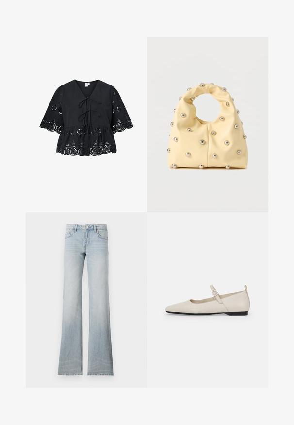 Sort bluse med korte, brede ærmer, der har V-hals, bindebånd foran og et indviklet hulmønster ved kanten og ærmerne.; Lyseblå denim flared jeans med en slidt finish, fem lommer og knaplukning. Stoffet har en glat tekstur og let stræk.; Hvide ballerinasko i læder med spids tå, ankelsnor og lav sort hæl. Glat tekstur med minimale detaljer.; Blød gul håndtaske med cirkulært håndtag, dekoreret med jævnt fordelte små sølvfarvede metalknopper på en glat overflade.
