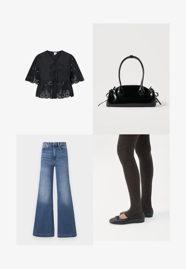 Sort bluse med korte, brede ærmer, der har V-hals, bindebånd foran og et indviklet hulmønster ved kanten og ærmerne.; Good American GOOD WAIST PALAZZO COMPRESSION - Flared jeans - indigo; Ben iført mørke ribbede leggings kombineret med sorte balletsko med små sløjfedetaljer på hvid baggrund.; Lille sort blank håndtaske med to lange håndtag og snøre-detaljer i siden på en ensfarvet lys baggrund.