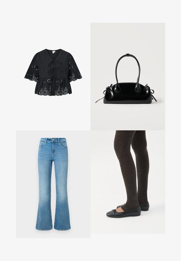 Sort bluse med korte, brede ærmer, der har V-hals, bindebånd foran og et indviklet hulmønster ved kanten og ærmerne.; Lyseblå denim flare jeans med forlommer, bæltestropper og knaplukning mod en hvid baggrund.; Ben iført mørke ribbede leggings kombineret med sorte balletsko med små sløjfedetaljer på hvid baggrund.; Lille sort blank håndtaske med to lange håndtag og snøre-detaljer i siden på en ensfarvet lys baggrund.