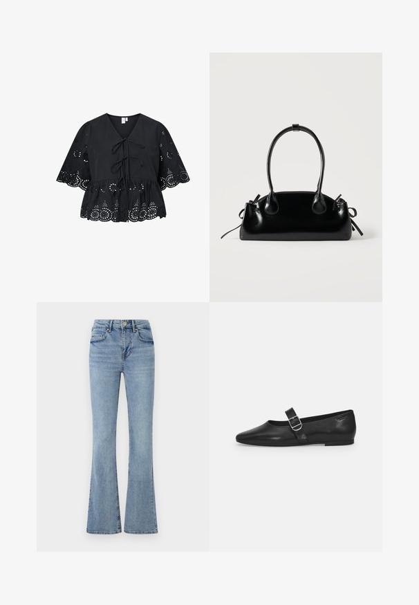Zwarte blouse met korte, brede mouwen, voorzien van een V-hals, strik aan de voorkant en een fijn gaatjespatroon aan de zoom en mouwen.; Lichtblauwe denim jeans met een hoge taille, een knoop- en ritsluiting aan de voorkant, vijf zakken en licht uitlopende pijpen.; Zwarte leren platte schoen met een ronde neus, een enkele verstelbare gespsluiting en een gladde, glanzende textuur. Minimalistisch ontwerp met een lage hak.; Kleine zwarte glanzende handtas met twee lange hengsels en zijkant trekkoord details op een effen lichte achtergrond.