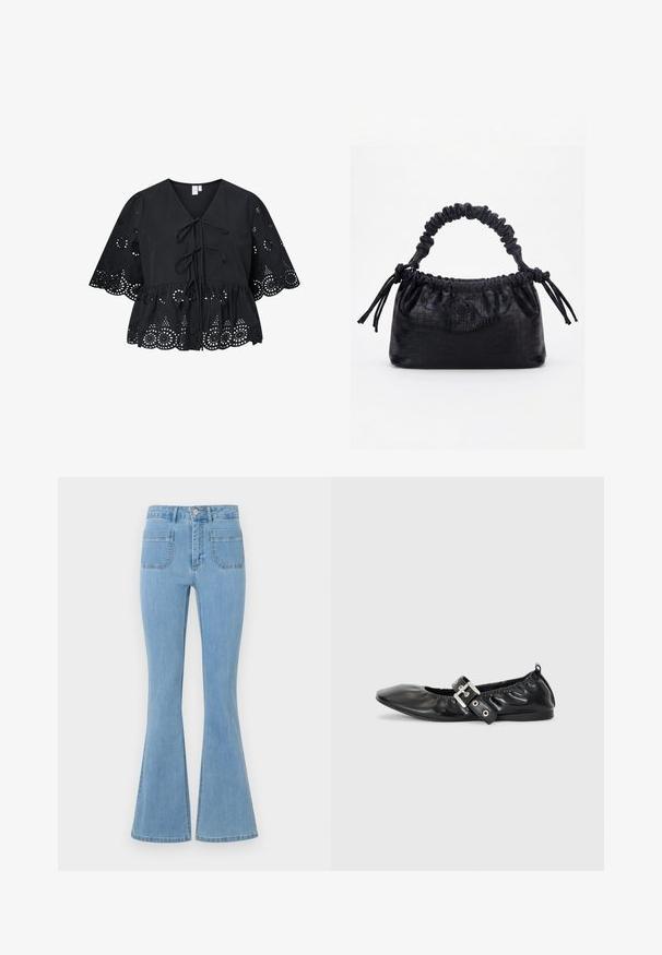 Sort bluse med korte, brede ærmer, der har V-hals, bindebånd foran og et indviklet hulmønster ved kanten og ærmerne.; Lyseblå flared jeans med høj talje, fem lommer og en glat denimtekstur med syninger langs sømmene.; Sorte læder flade sko med spids tå, samling detaljer omkring åbningen, og en sølv spænde accent på den justerbare rem.; Sort taske med krokodilletekstur, rynket øverste kant, samlet hank og snore med kvaster på hver side mod en hvid baggrund.