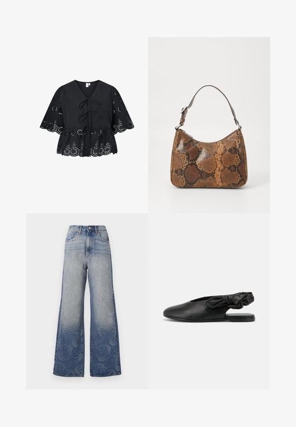 Sort bluse med korte, brede ærmer, der har V-hals, bindebånd foran og et indviklet hulmønster ved kanten og ærmerne.; Store bukser i lyseblå denim med sølvfarvede stjernemønstre. Høj talje med knaplukning og klassisk fem-lomme-design.; Sort flad dameslynge sko med spids tå og rynket elastisk rem ved hælen mod en hvid baggrund.; Lille håndtaske med brun og sort slangeskinn mønster, kort justerbar rem og lynlåslukning.