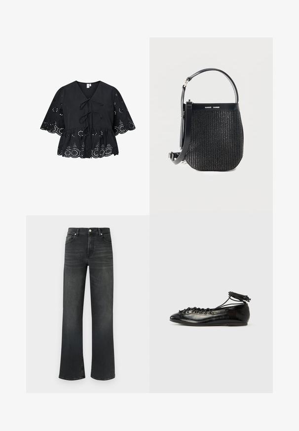 Blusa negra con mangas cortas y anchas, con escote en V, lazo frontal y un intricado patrón calado en el dobladillo y las mangas.; Pantalones vaqueros de mezclilla negra con cintura alta y diseño de pierna ancha. Cuentan con cinco bolsillos y cierre de botón, con un sutil desgaste en la tela.; Zapatos planos tipo ballet de charol negro con punta redondeada, diseño con cordones y suela plana. Textura lisa con detalles mínimos.; Bolso tejido negro con base redondeada, ribete de cuero, correa de hombro ajustable y logo de la marca Samsøe Samsøe en la banda superior.