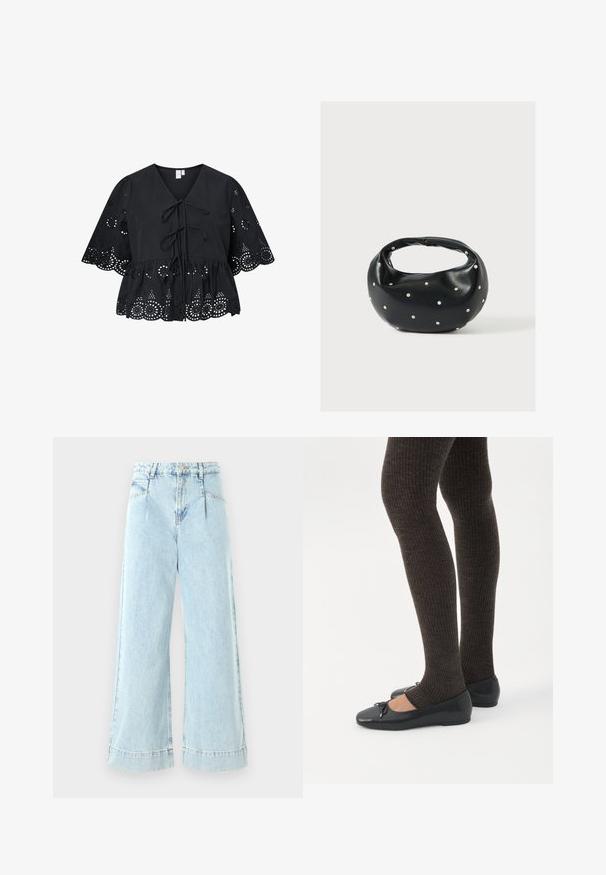 Zwarte blouse met korte, brede mouwen, voorzien van een V-hals, strik aan de voorkant en een fijn gaatjespatroon aan de zoom en mouwen.; Lichtblauwe wijde jeans gemaakt van denim, met een hoge taille, voorzakken en gestikte accenten aan de zoom.; Benen met donkere geribbelde leggings gecombineerd met zwarte ballerina's met kleine strikdetails op een witte achtergrond.; Zwarte leren handtas met een afgeronde vorm, versierd met zilveren studs, en een korte handgreep. Gladde textuur en ritsluiting.