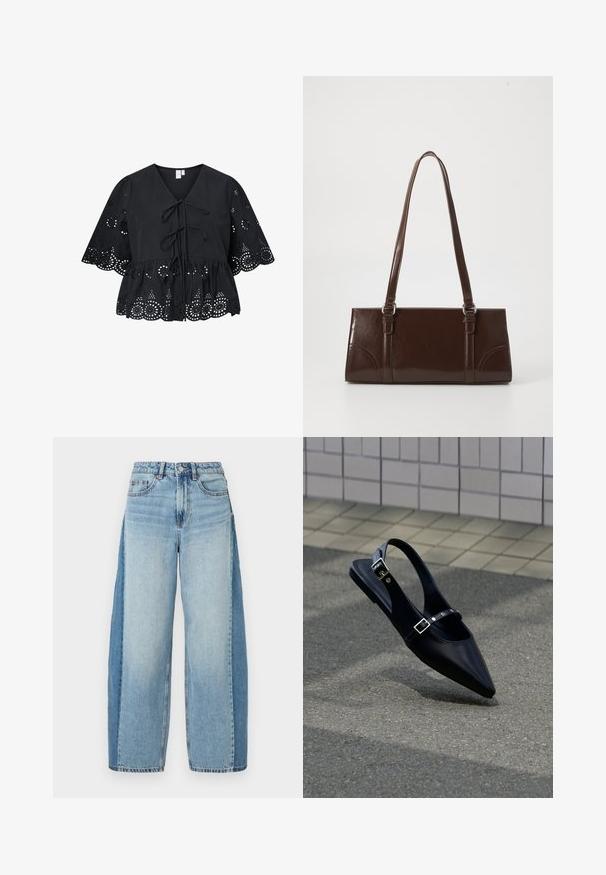 Sort bluse med korte, brede ærmer, der har V-hals, bindebånd foran og et indviklet hulmønster ved kanten og ærmerne.; Lysblå denim brede bukser med en falmet finish, fem-lomme design, knaplukning og frynset kant. Slidt tekstur og syninger som accenter.; Sort flad slingback med spids tå og dobbelte spænder, hvilende på grå asfalt nær flisevæg.; Brun lakeret håndtaske med rektangulær form, to lange håndtag og subtile buede detaljer på fronten.