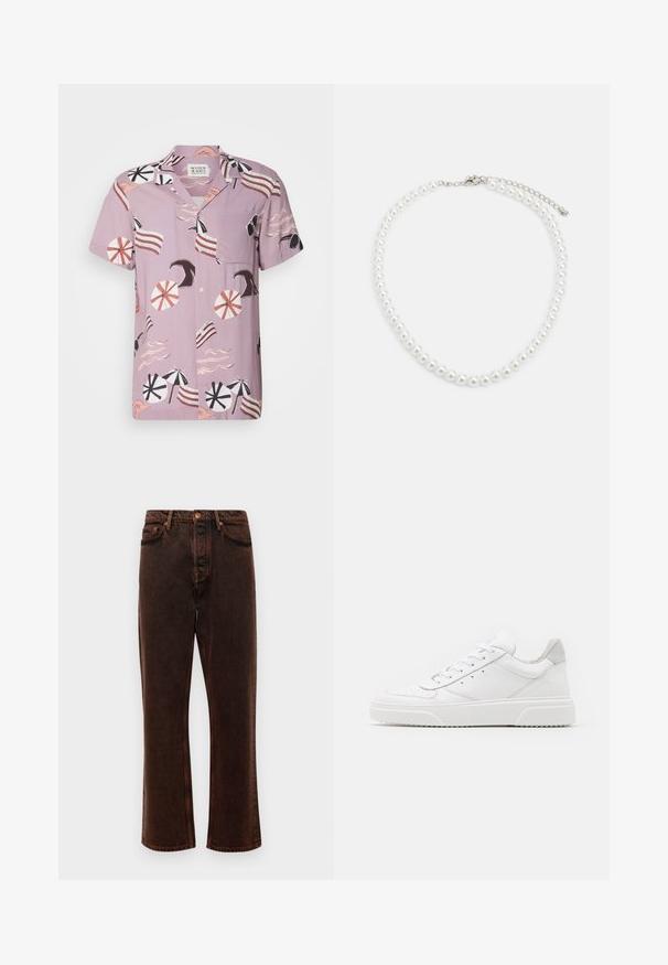 Chemise à manches courtes, de couleur lavande, arborant un motif sur le thème de la plage avec des parapluies, des vagues et des accents rayés. Comprend une poche poitrine et une fermeture à boutons.; Jean en denim brun avec une coupe droite, un design à cinq poches et une fermeture à bouton classique. Le tissu a une finition lisse et texturée.; Des baskets en cuir blanc avec une finition lisse, un bout rond, des lacets plats et une semelle texturée. Accents en daim gris au niveau du talon.; Collier en perles blanches avec une forme ronde uniforme, surface lisse et fermoir en métal avec une chaîne d'extension pour une longueur ajustable.