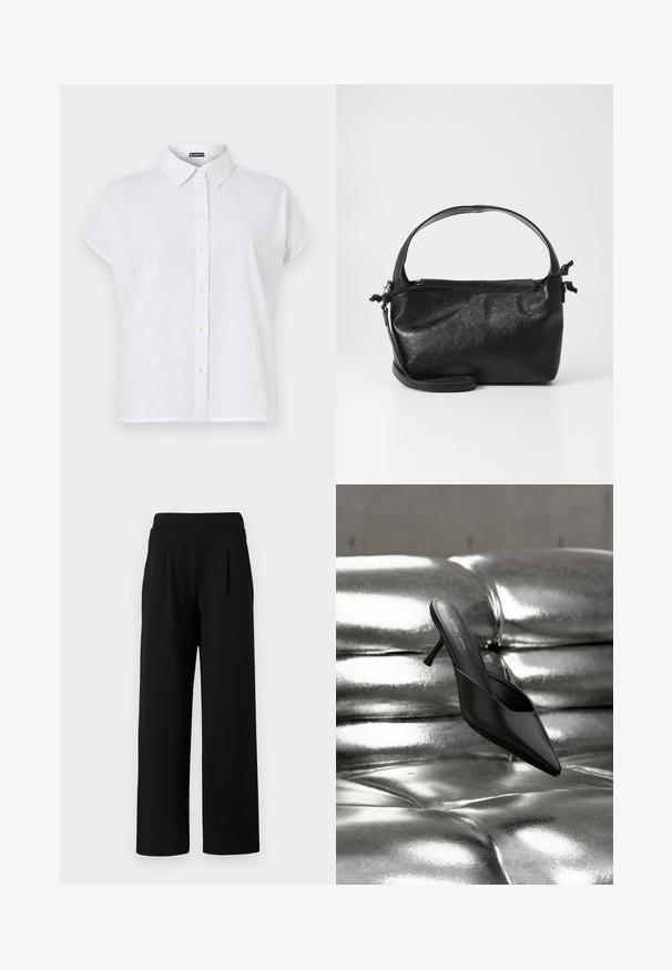Hvid kortærmet skjorte med knap-ned krave, der har broderede blomsterdesigns, lige pasform og perle-lignende knapper.; TOM TAILOR DENIM PLEATED PANTS - Bukser - deep black; Sort mule med spids tå og slank hæl placeret på en skinnende, metallisk sølv polstret overflade.; Sort læderhåndtaske med et struktureret design, rund tophåndtag og aftagelig skulderrem. Den har en glat tekstur og en subtil glans.
