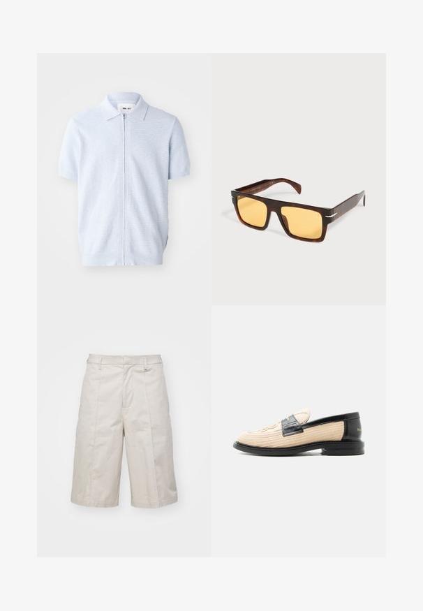 Vaaleansininen lyhythihainen polo-paita, jossa on vetoketju ja ribbitekstuuri, klassinen kauluksen muotoilu ja suora helma.; Beige puuvillashortsit suoran leikkauksen, polvipituuden, kahden etutaskun ja hienovaraisilla poimuilla, jotka lisäävät tekstuuria.; Beigen värinen kudottu loafer mustilla nahkareunoilla, pyöreä kärki, musta pohja ja koristeellinen tikattu kuvio päällisessä.; Suorakaiteen muotoiset kilpikonnakuosiset aurinkolasit leveillä kehyksillä ja keltaisilla linsseillä valkoisella taustalla.
