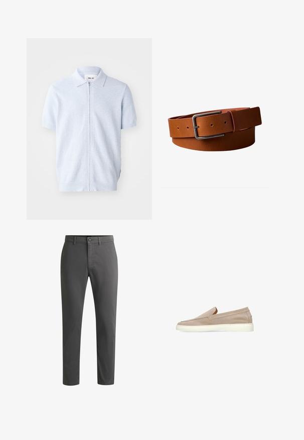 Lichtblauw poloshirt met korte mouwen, voorzien van een ritsluiting en geribbelde textuur, met een klassieke kraagontwerp en een rechte zoom.; Grijze katoenen broek met een rechte pasvorm, voorzien van een ritssluiting, knoopsluiting en zijzakken. Glad textuur en geen zichtbare patronen.; Beige suède instapschoen met witte rubberen zool, lage hak en glad afgeronde neus, zijaanzicht op witte achtergrond.; Bruine leren riem met zwarte rechthoekige metalen gesp, verstelbare gaatjes en lus om het uiteinde van de riem vast te zetten.