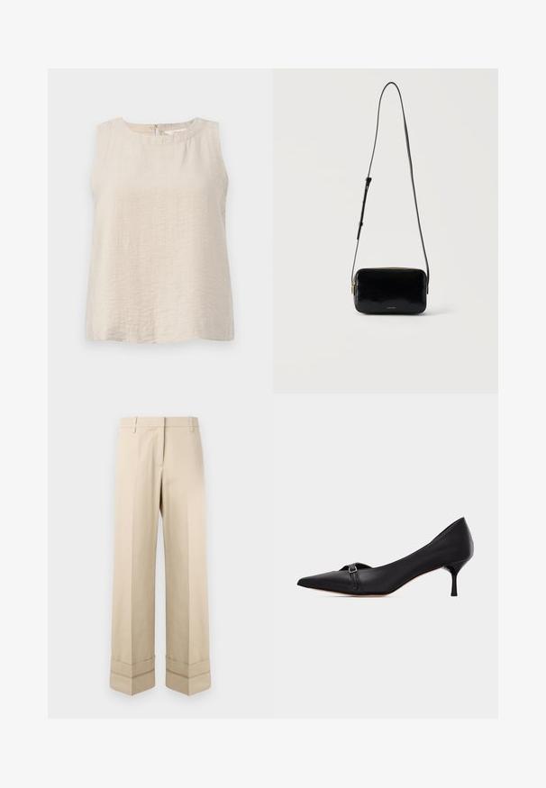 Top sin mangas en tela beige clara con una superficie texturizada. Escote redondo y cierre en la parte trasera con forma de ojal, con un ajuste suelto y relajado.; Pantalones beige de corte recto, con un doble puño en el dobladillo y un diseño de frente plano. Fabricados en una tela suave y duradera.; Zapato de cuero negro con punta afilada y tacón tipo mini de gato, con una pequeña tira con hebilla en la parte delantera, mostrado sobre un fondo blanco liso.; Bolso bandolera pequeño rectangular negro con una larga correa ajustable y cremallera dorada, logo de Calvin Klein en el frente.