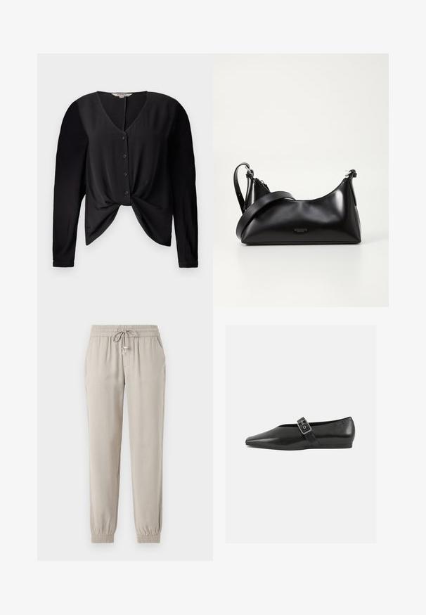 Blouse noire avec un décolleté en V, des manches longues et un devant boutonné. Elle présente un détail de nœud à la taille et une texture de tissu lisse.; Pantalons de jogging beige clair en tissu doux, dotés d'une taille élastique avec un cordon de serrage, de poches latérales et de poignets élastiques.; Chaussure plate en cuir noir avec un orteil pointu, présentant une sangle à boucle métallique sur le cou-de-pied et une semelle basse et flexible.; Sac à main en cuir noir avec une texture lisse. Dispose d'une bandoulière adjustable et d'un design élégant et minimaliste avec une fermeture éclair.