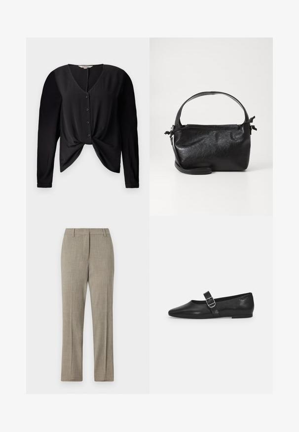 Blouse noire avec un décolleté en V, des manches longues et un devant boutonné. Elle présente un détail de nœud à la taille et une texture de tissu lisse.; Pantalon ajusté gris clair en tissu texturé, design à jambe droite et taille classique. Présente des détails de rayures discrètes.; Chaussure plate en cuir noir avec un bout arrondi, une seule sangle réglable à boucle et une texture lisse et brillante. Design minimaliste avec un petit talon.; Sac à main en cuir noir au design structuré, avec une poignée arrondie et une bandoulière amovible. Présente une texture lisse et un éclat subtil.