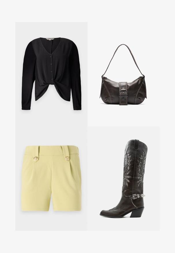 Blusa negra con escote en V, mangas largas y cierre de botones en la parte frontal. Presenta un detalle de nudo en la cintura y una textura de tela suave.; Pantalones cortos amarillos claros de tela suave, con dos pliegues en la parte delantera y botones decorativos dorados en la cinturilla. Diseño ajustado.; Bota cowboy de cuero negro con recortes decorativos, hebilla plateada y tacón inclinado, presentada sobre fondo blanco.; Bolso de hombro de cuero marrón con forma curva, que presenta un prominente detalle de hebilla, costuras en contraste y una sola correa para el hombro.