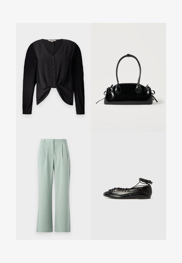 Blouse noire avec un décolleté en V, des manches longues et un devant boutonné. Elle présente un détail de nœud à la taille et une texture de tissu lisse.; Pantalons larges vert clair avec plis, présentant une texture douce et une ceinture traditionnelle. Le tissu semble léger et doux.; Ballerines en cuir verni noir avec un bout rond, un design à lacets et une semelle plate. Texture lisse avec peu de détails.; Petit sac à main noir brillant avec deux longues anses et des détails à cordon sur les côtés sur un fond clair uni.